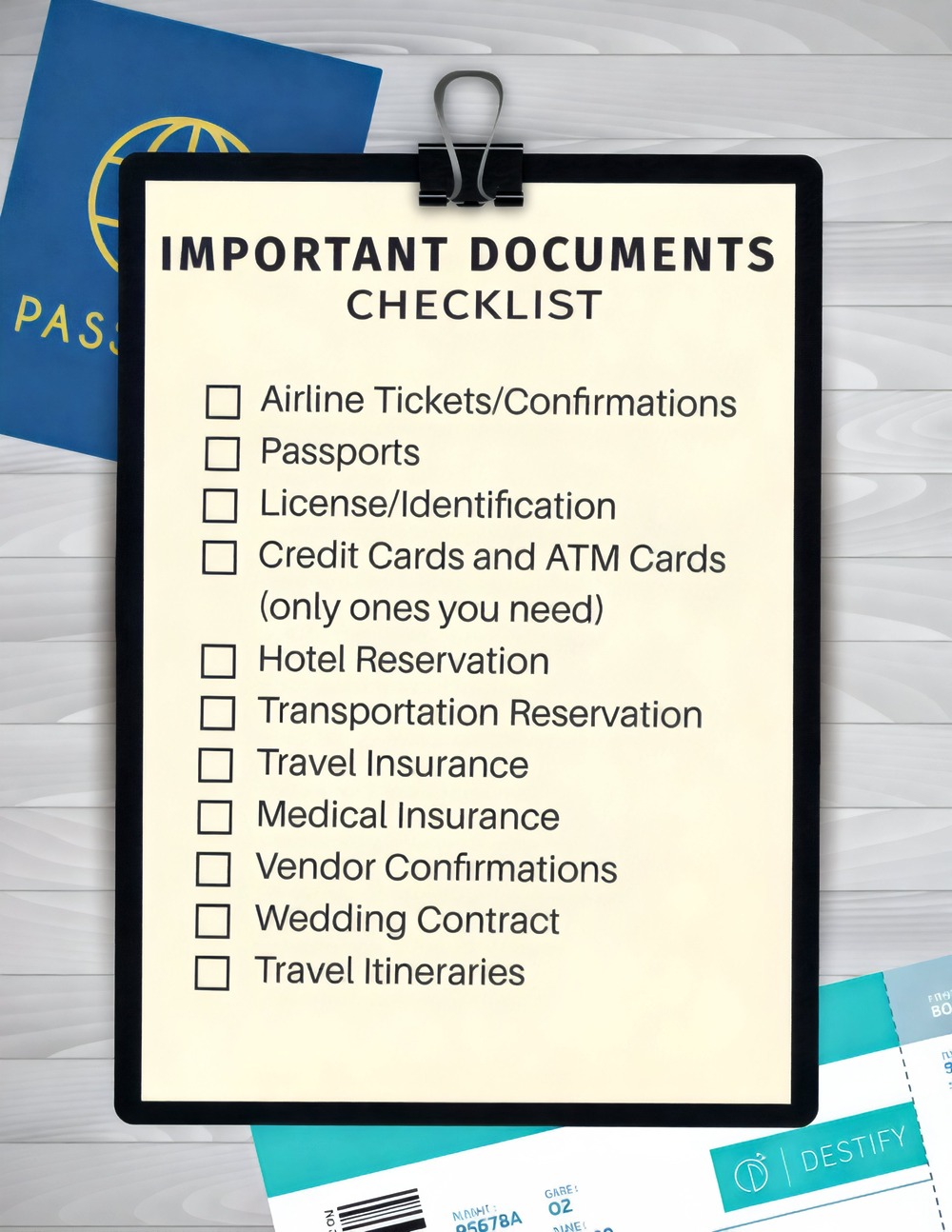 Checklist of essential travel documents for your destination wedding: Keep your passport, tickets, and important wedding paperwork close at hand on your special day. Make sure all necessary documentation is easily accessible to ensure a smooth destination wedding experience.