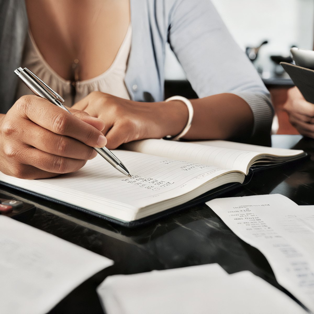Someone recording calculations in a notebook surrounded by receipts, a pen, and a Destination Wedding Day Checklist while planning their wedding expenses.