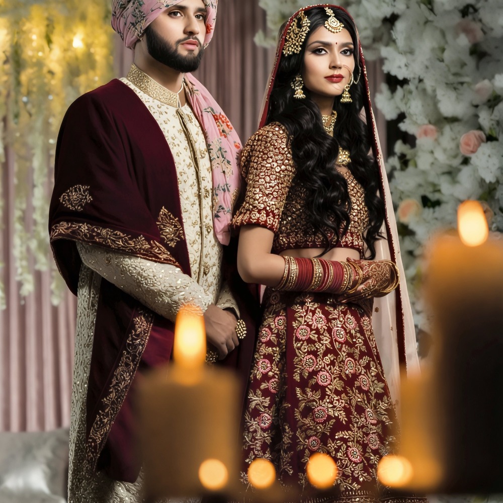The bride and groom, dressed in traditional South Asian attire, stand together at a beautifully decorated destination wedding venue.