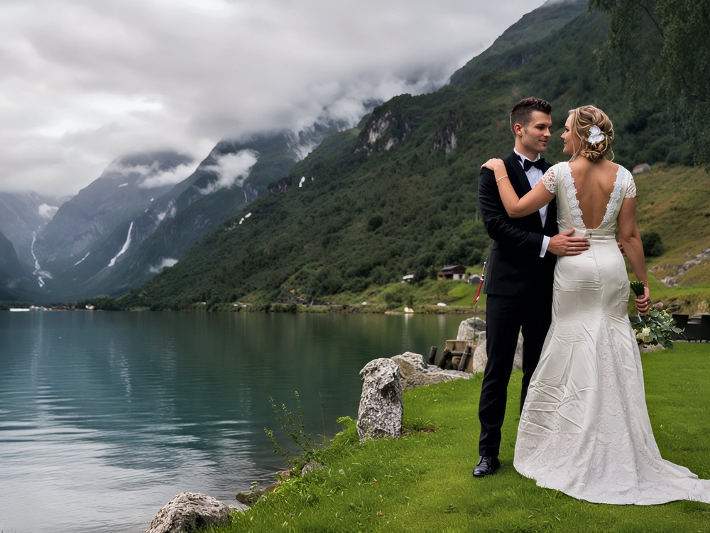 The bride and groom pose together by the tranquil lakeside, framed by majestic mountains and drifting clouds in the background, creating a perfect scene for their destination wedding.