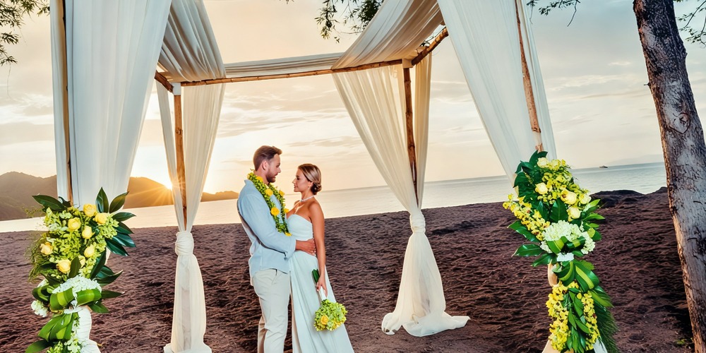 A couple stands beneath a beautifully decorated canopy on the beach at sunset, celebrating their wedding at one of Costa Rica’s premier destination wedding venues.
