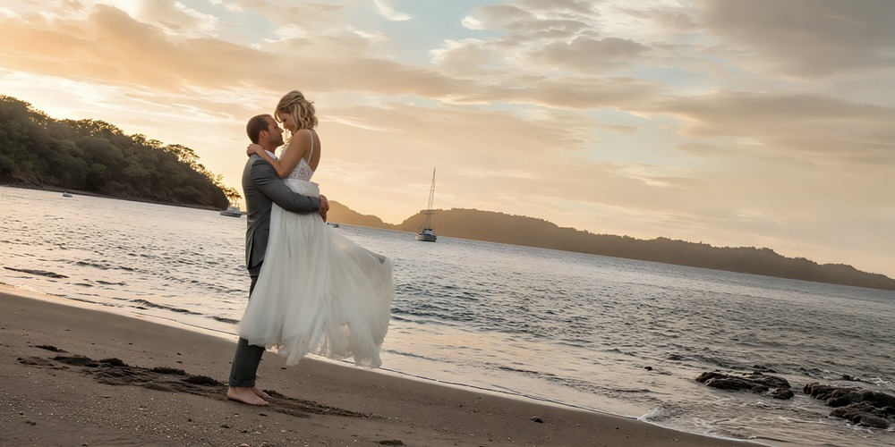 A groom lifts his bride on a sandy beach at sunset, showcasing the best Costa Rica destination wedding venues.