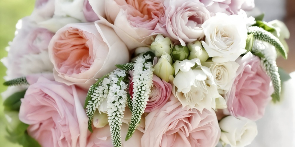 A close-up of a romantic wedding bouquet featuring pink and white roses accented with lush greenery—perfect for any destination wedding celebration.