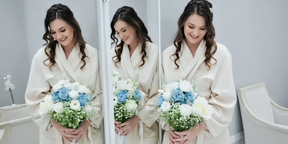A bride in a white robe, holding a spring wedding bouquet, is reflected in the mirrors—capturing the elegance of a destination wedding morning.