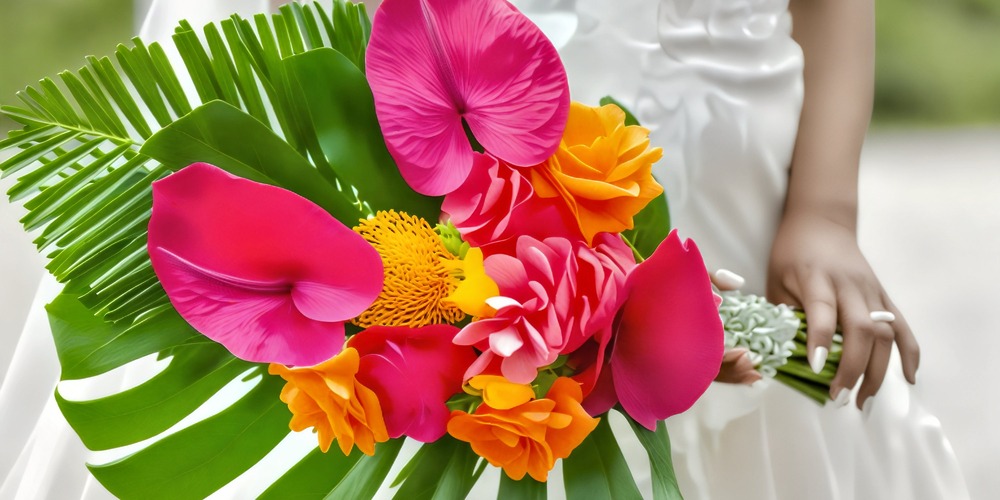 A person dressed in white holds a lush tropical bouquet with large green leaves, perfect for a destination wedding.