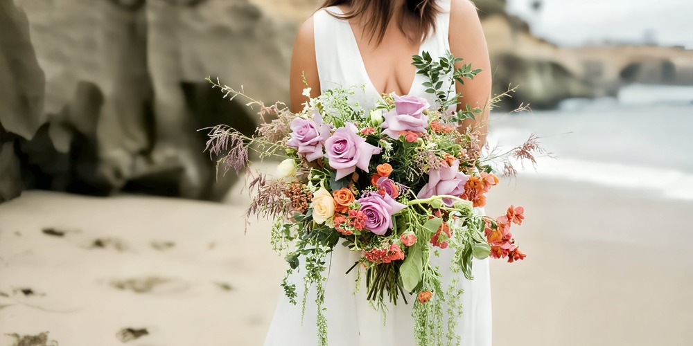 A woman in a white dress holds a vibrant spring wedding bouquet on the beach, perfect for a destination wedding.