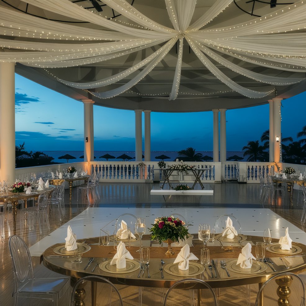 Chic destination wedding reception outdoors at dusk, featuring draped lights and a stunning ocean view.