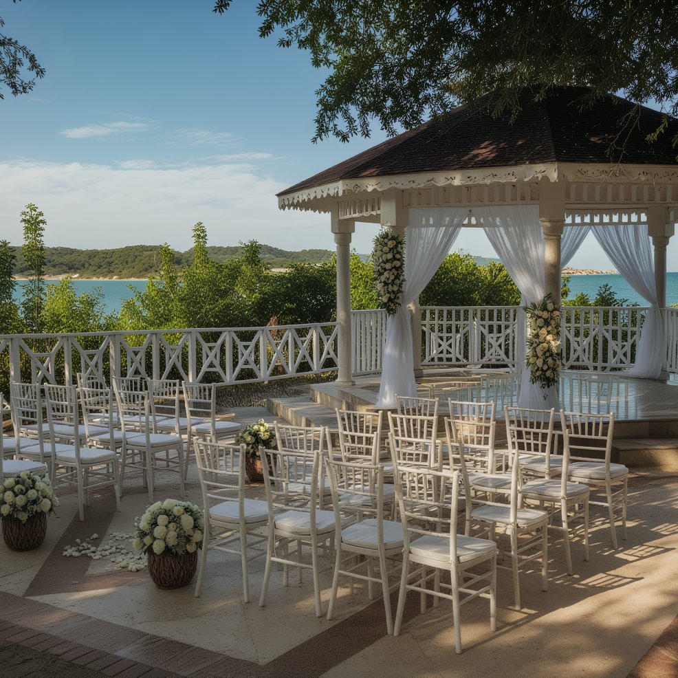 Rows of white chairs face a decorated gazebo by the lake, prepared for a picturesque destination wedding.