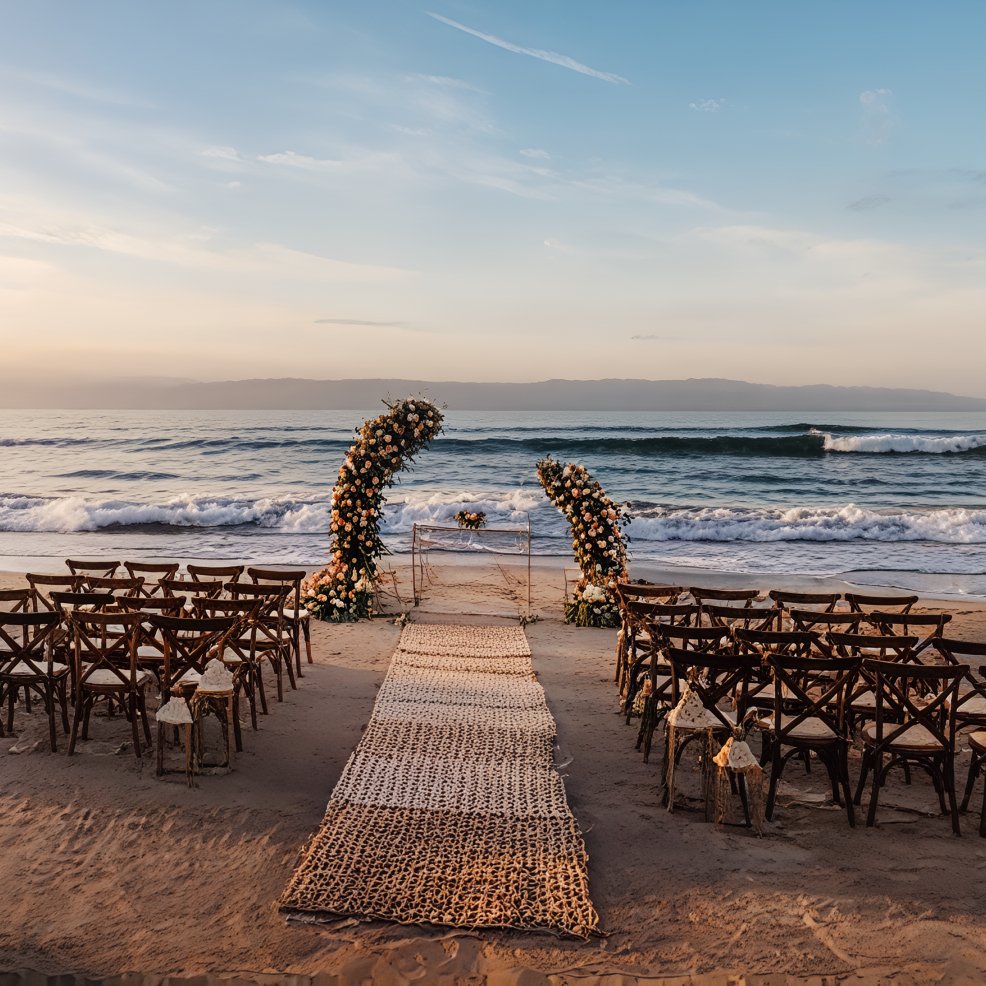 A destination wedding setup with rows of chairs and a floral arch on a sandy beach at sunset.