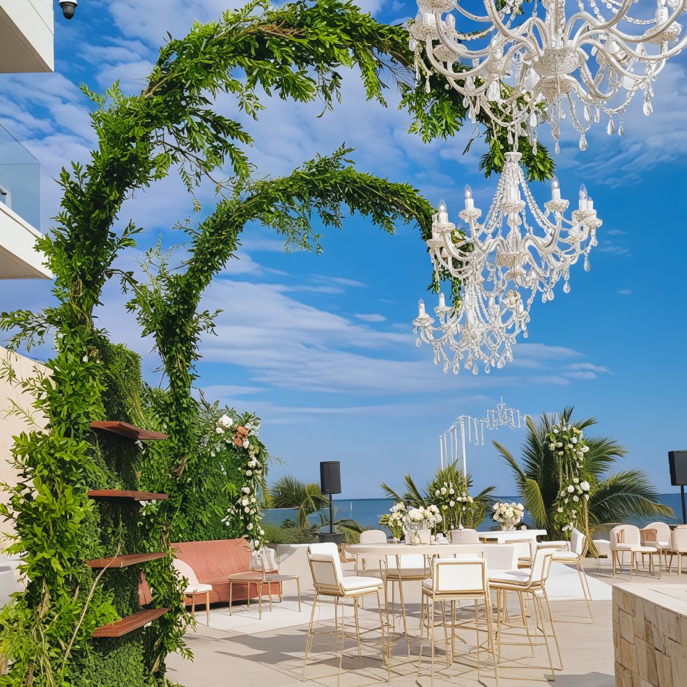 Destination wedding setup with white chairs, chandeliers, lush greenery, and an ocean view backdrop.