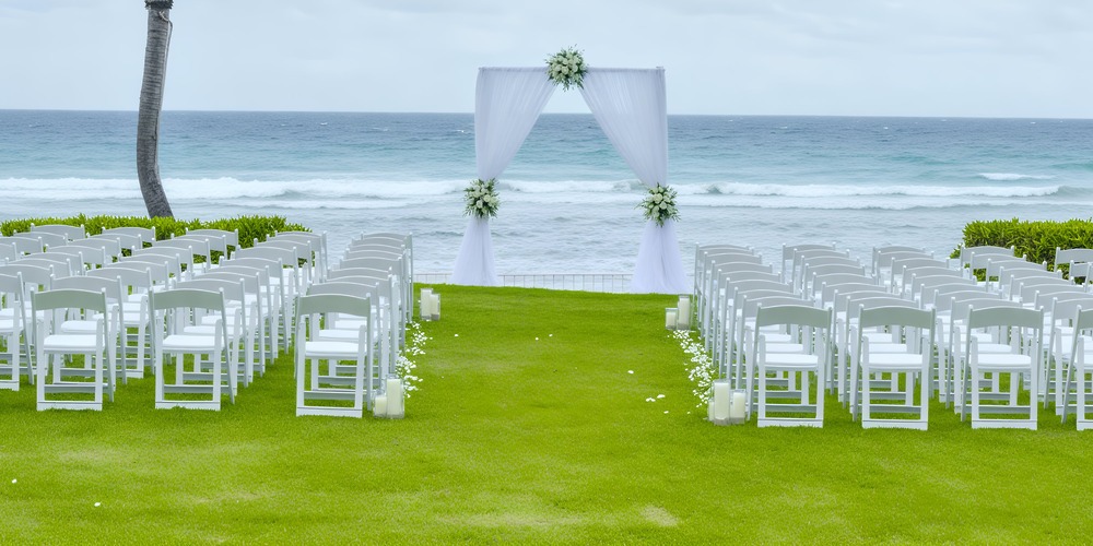 Rows of white chairs and a beautiful floral arch are arranged for a stunning destination wedding at Dreams Rose Hall Resort & Spa.