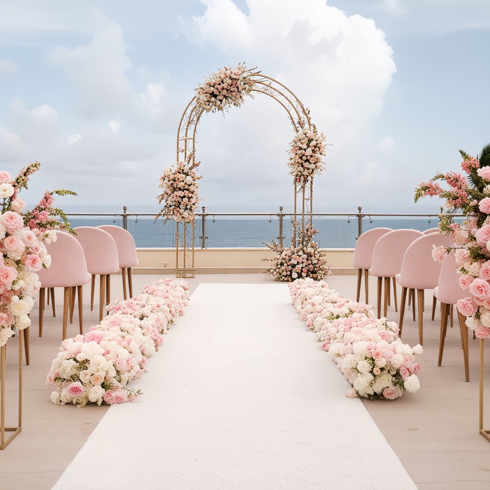 Destination wedding setup featuring pink flowers, rows of chairs, and an ocean-view arch.