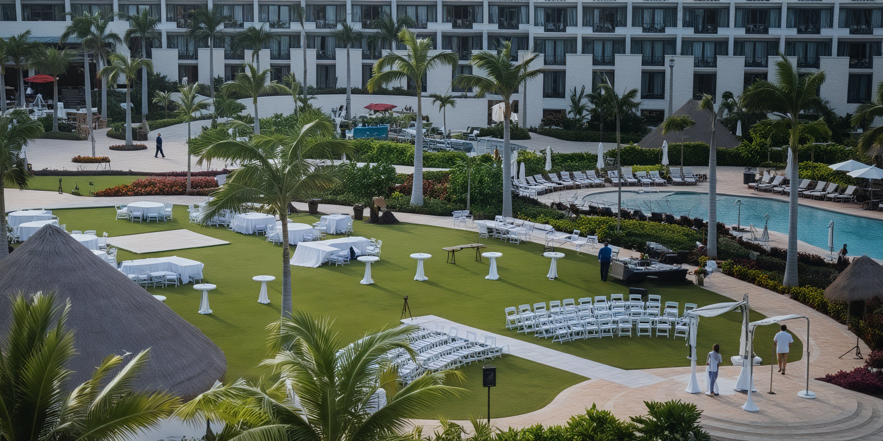 A beautiful destination wedding setup, featuring elegant chairs and tables arranged on the grassy area near a pool at the resort.