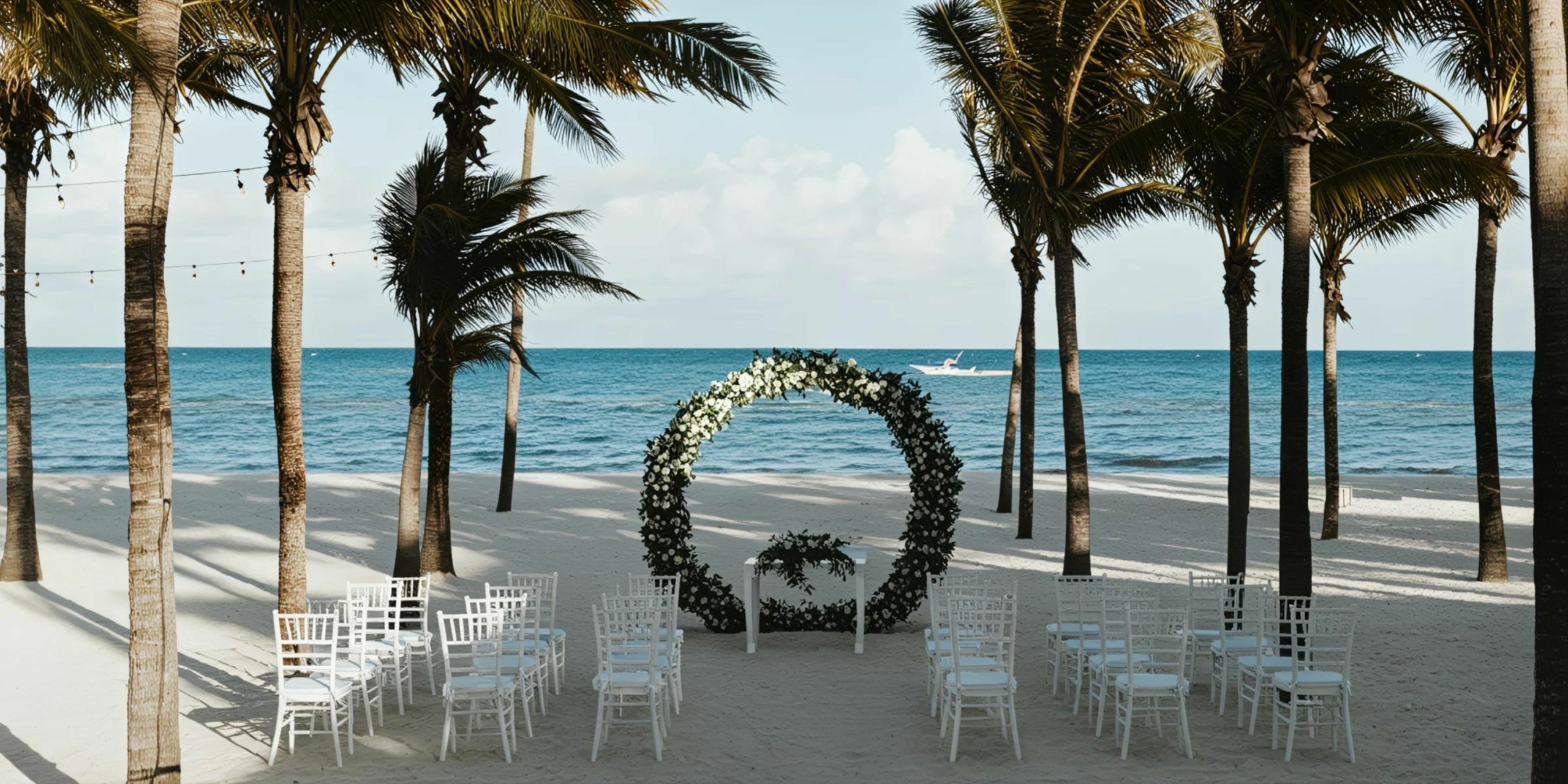 A beach wedding setup with white chairs arranged in rows facing a circular floral arch, surrounded by palm trees, with the ocean in the background.