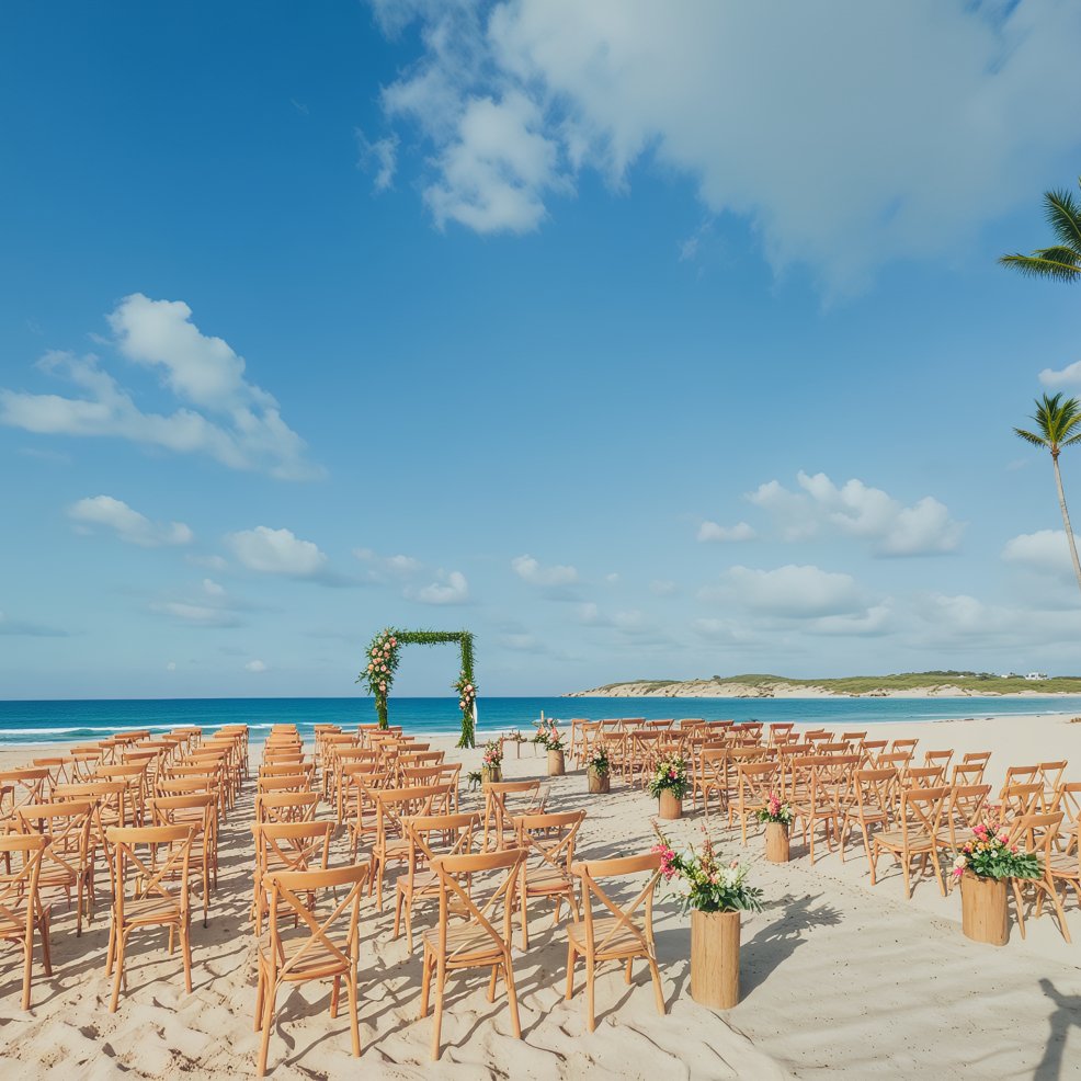 Wooden chairs and a floral arch arranged for a destination wedding on the beach beneath a blue sky.