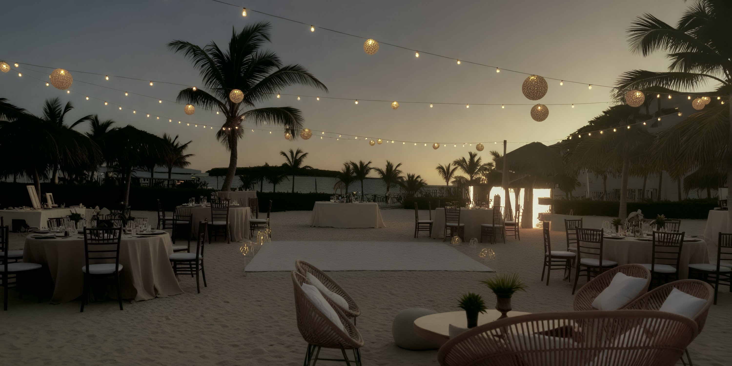Destination wedding reception on the beach at sunset, featuring string lights and a glowing LOVE sign.