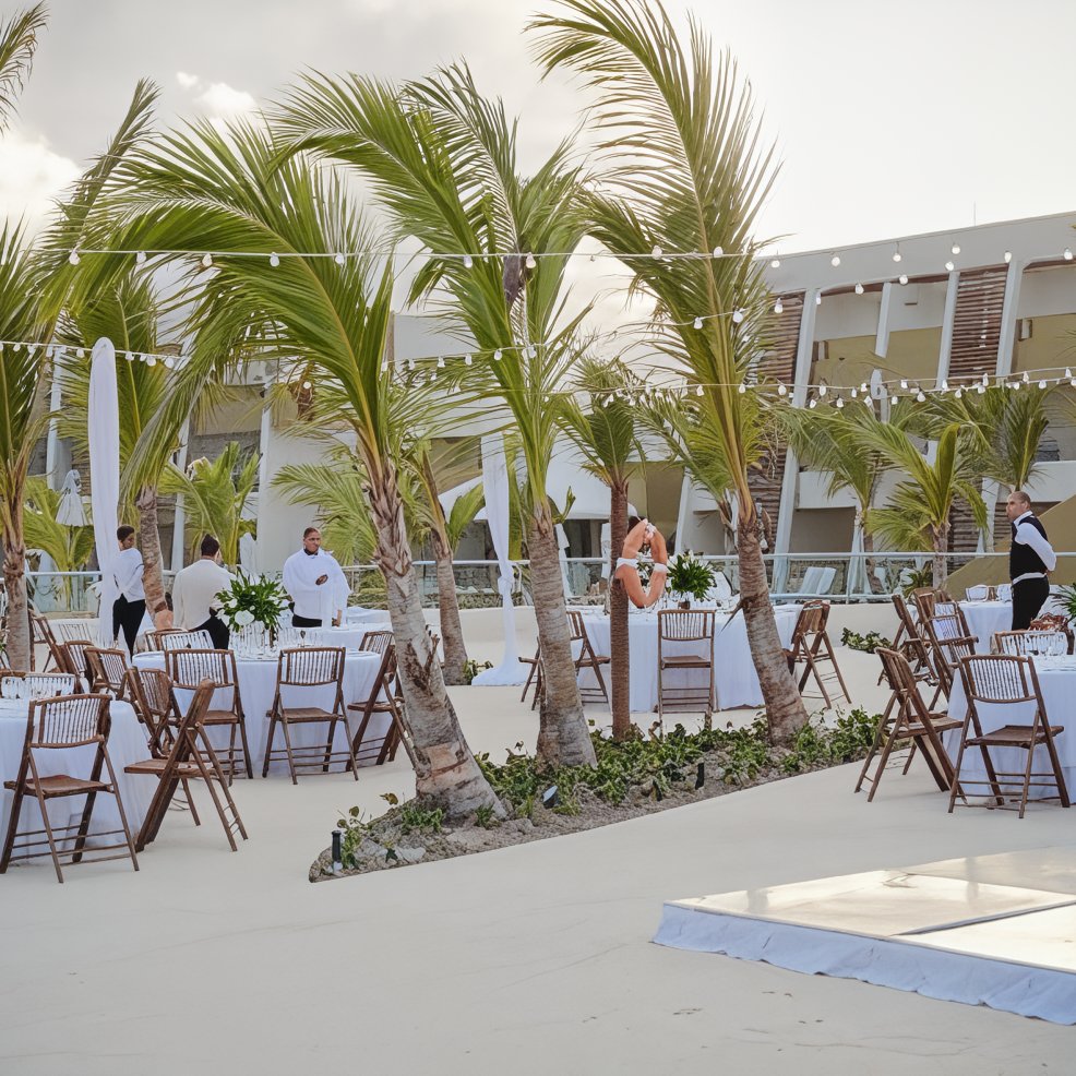Destination wedding setup featuring round tables, wooden chairs, and string lights under palm trees.