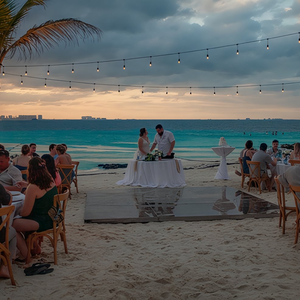 A destination wedding couple stands at a table on the beach at sunset, surrounded by their guests.