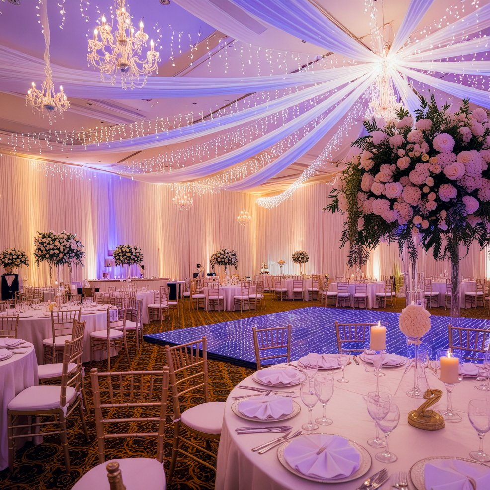 Banquet hall elegantly arranged for a destination wedding with round tables, flowers, and draped lights.
