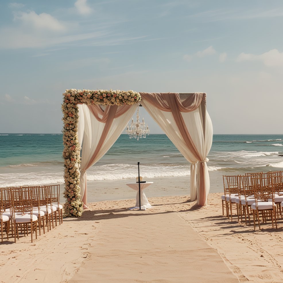 A destination wedding altar with rows of chairs on a sandy beach, all facing the ocean beneath clear skies.