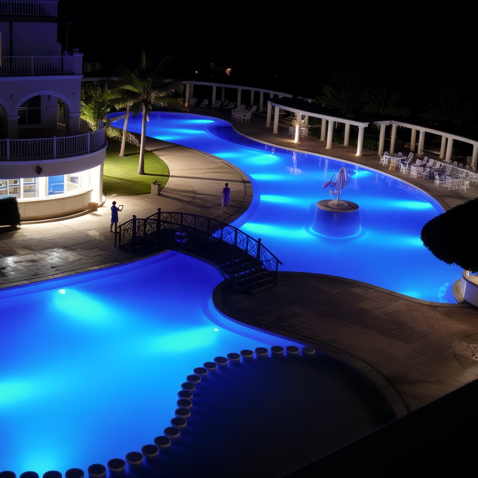 Blue-lit outdoor swimming pool at night, palm trees and seating create an ideal destination wedding setting.