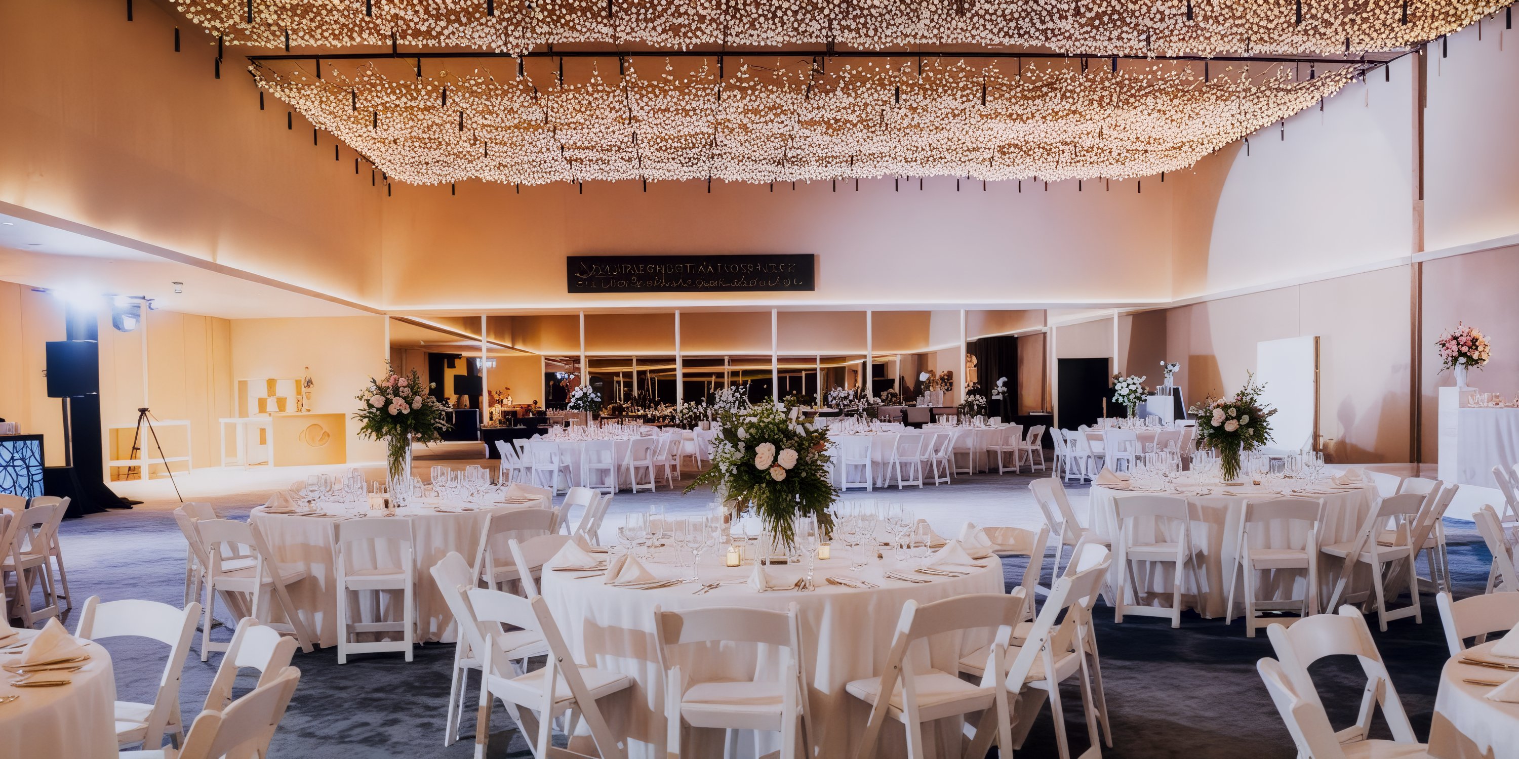 Dreams Vista Cancun provides a beautiful banquet hall, perfect for a destination wedding, featuring round tables, elegant white chairs, and exquisite ceiling lights.