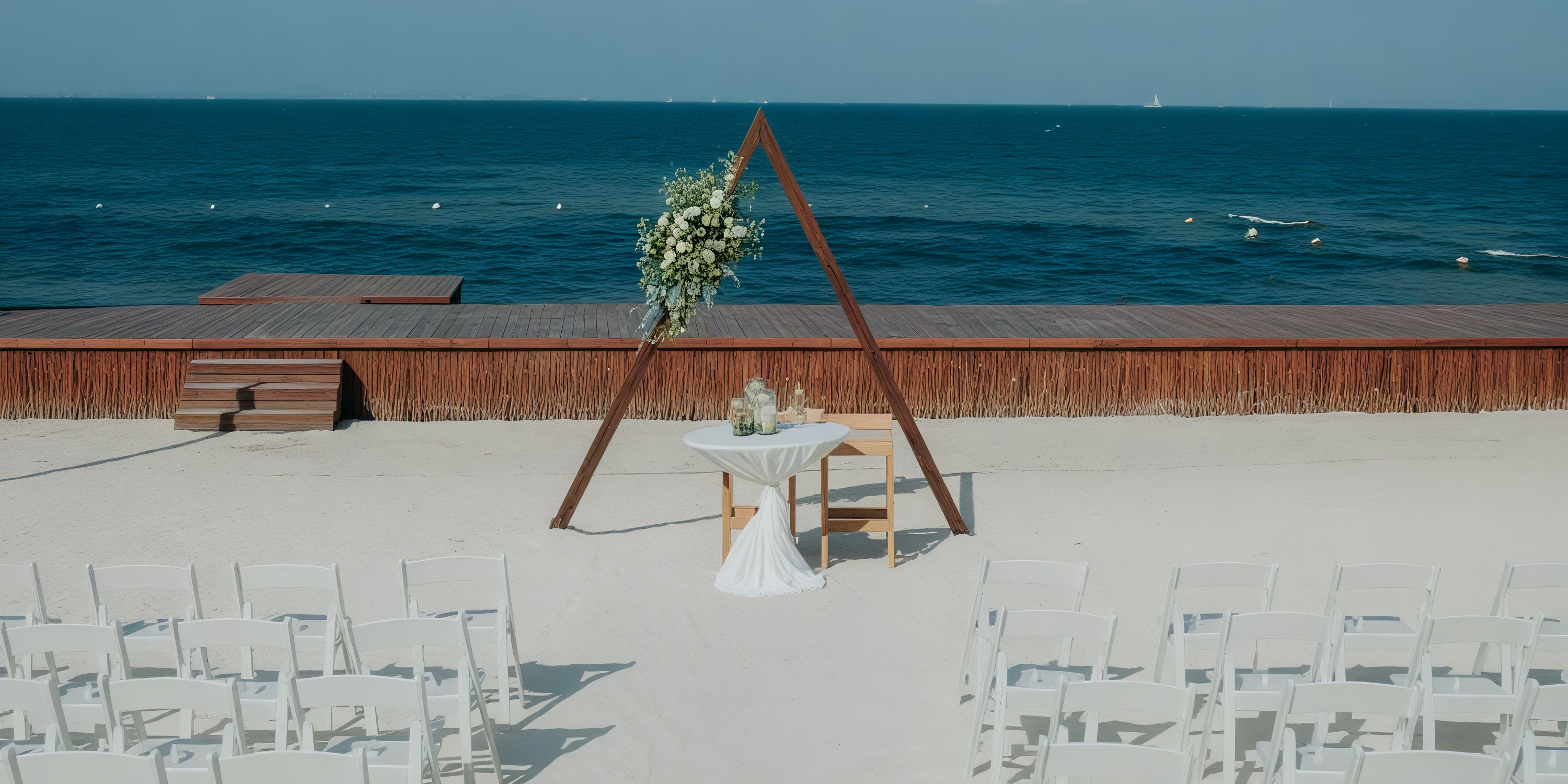 Dreams Vista Cancun: An A-frame arch adorned with flowers graces the beach, with chairs elegantly positioned towards the ocean, creating a picturesque setting for a destination wedding.