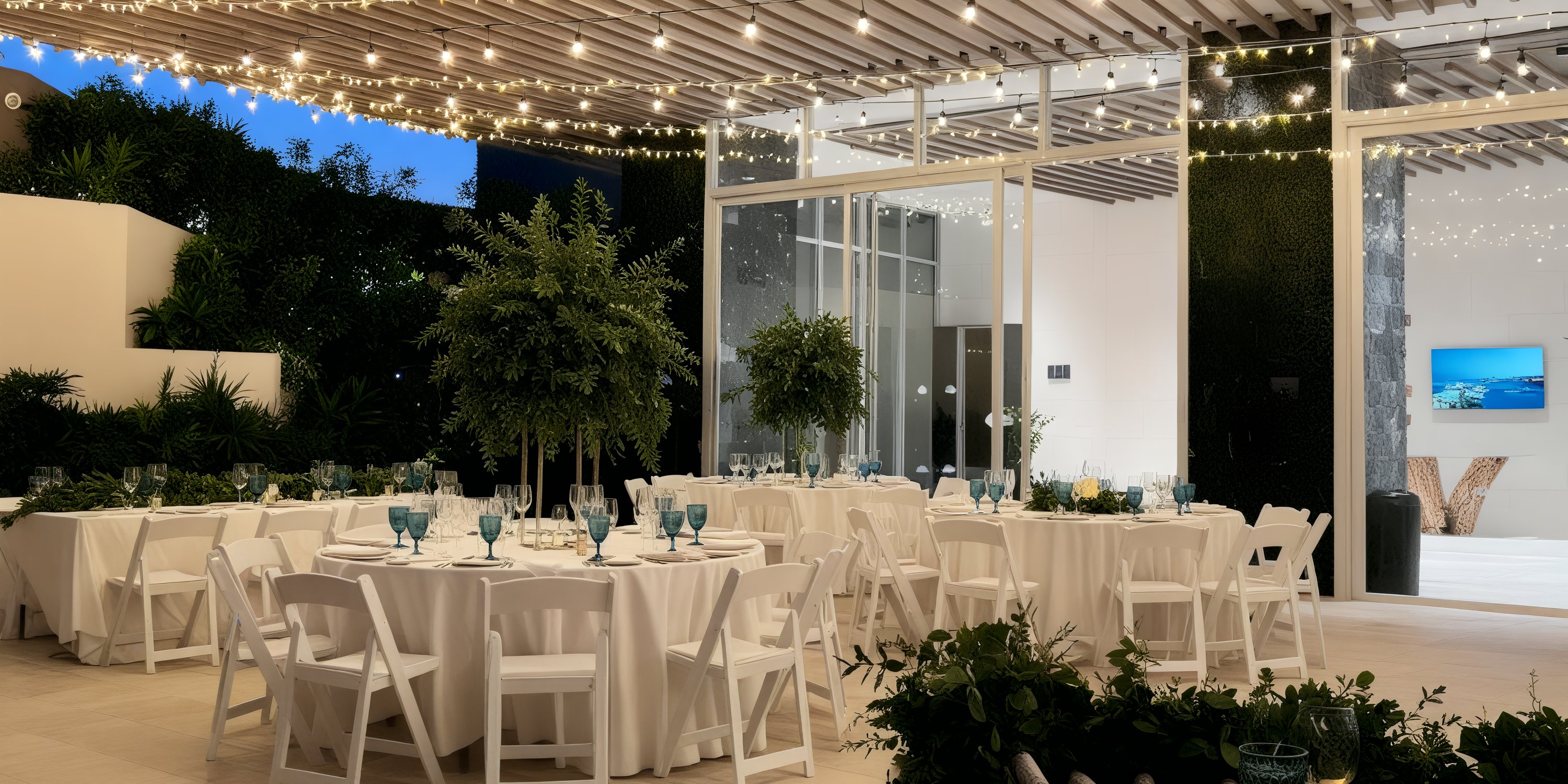 Dreams Vista Cancun offers a picturesque outdoor setting perfect for a destination wedding, featuring round tables adorned with white linens and illuminated by charming string lights.