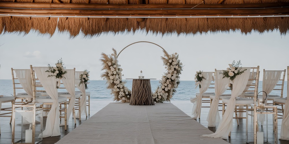 Dreams Vista Cancun offers a breathtaking destination wedding experience with a beach aisle adorned with a floral arch and elegantly decorated chairs.
