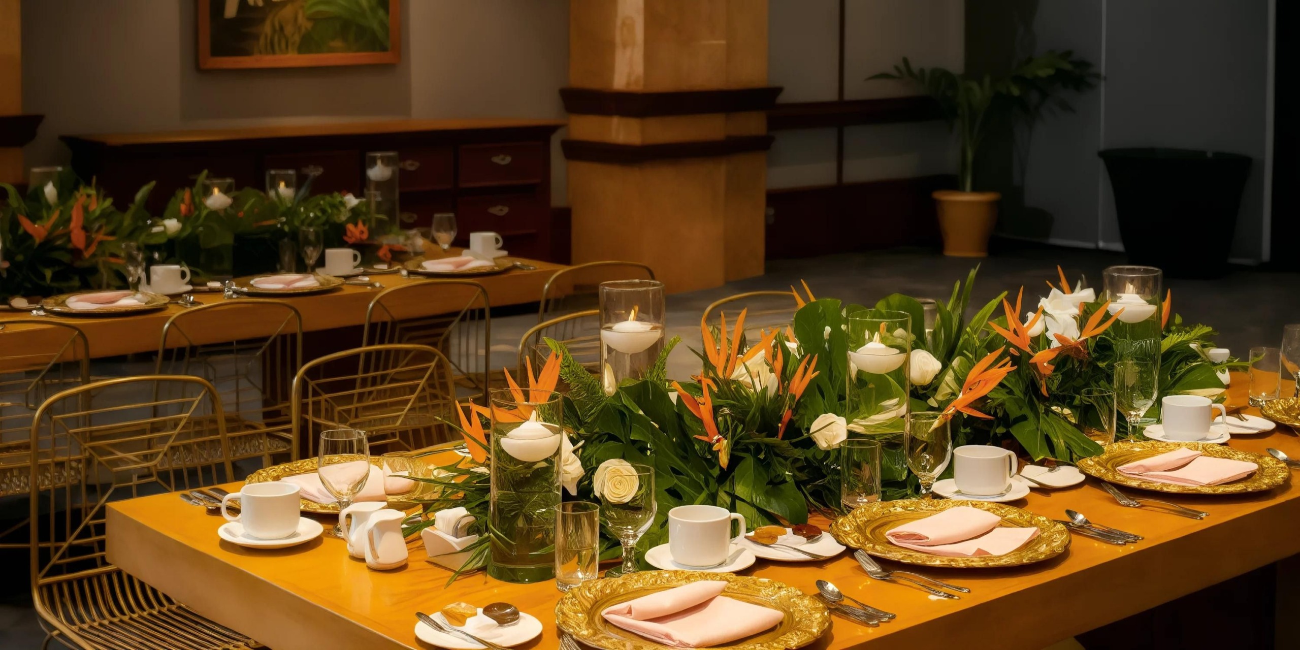 A decorated dining table with floral centerpieces, golden placemats, and set tableware, including cups, saucers, and pink napkins. Chairs surround the table, and another table is visible in the background.
