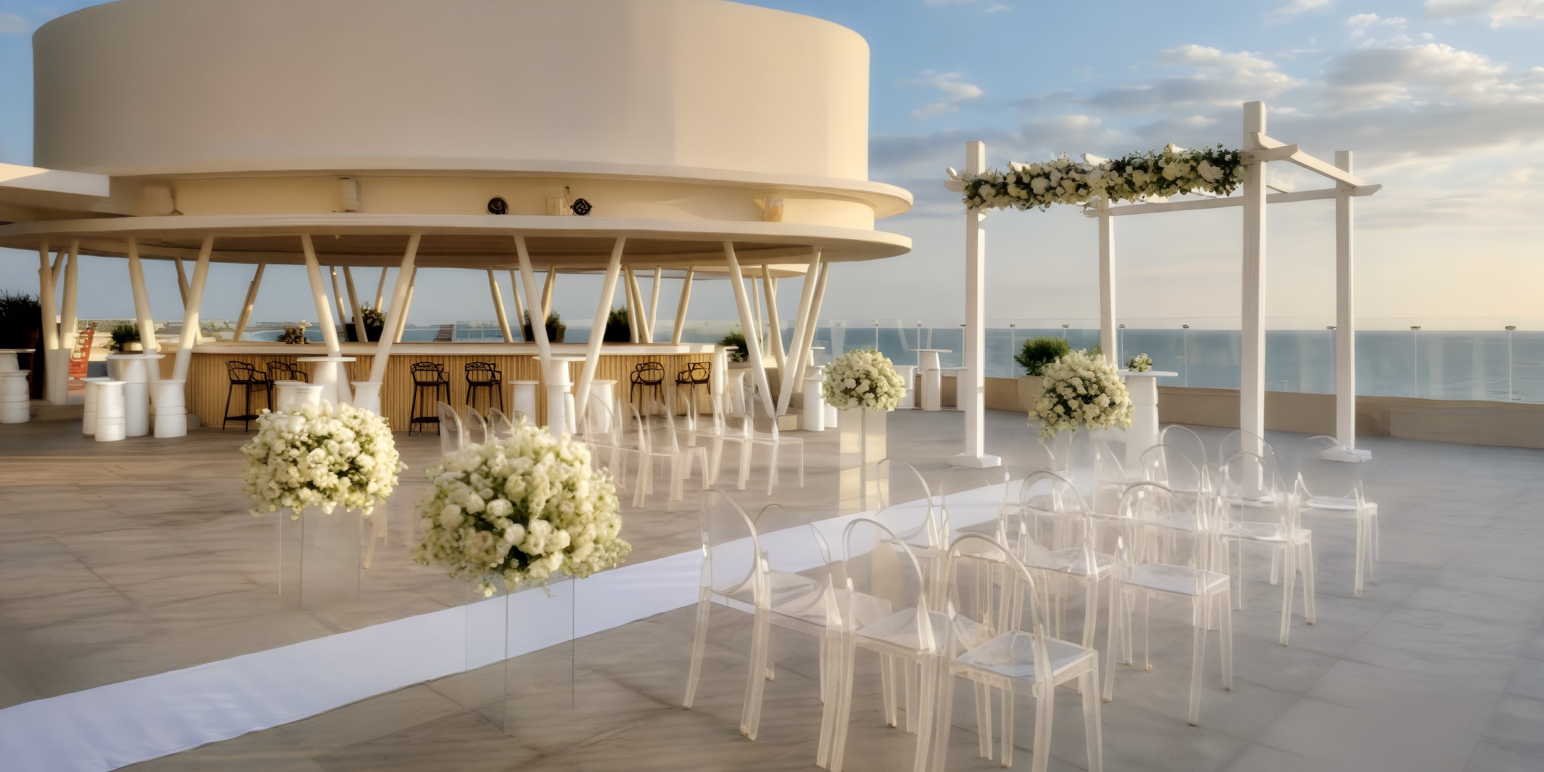 Destination wedding on the rooftop at Grand Palladium Costa Mujeres with white chairs, flowers, and ocean views.