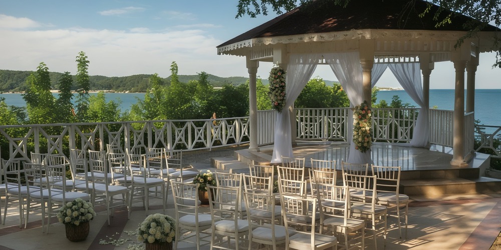 Experience a stunning destination wedding at Grand Palladium Jamaica, featuring a white gazebo, breathtaking sea views, and lush greenery.