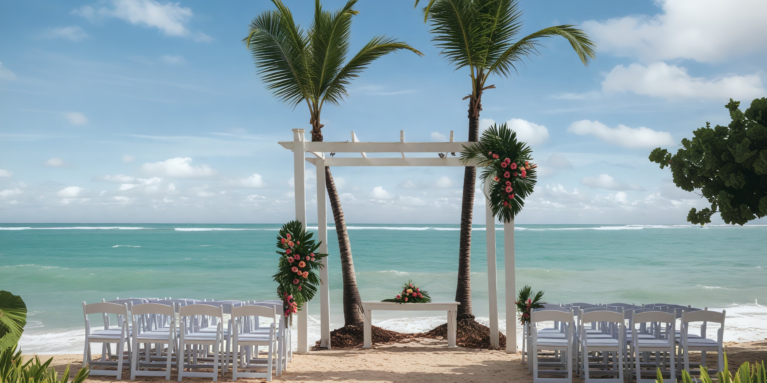 Grand Palladium Bavaro: white chairs and a decorated arch arranged for a destination wedding on the beach.