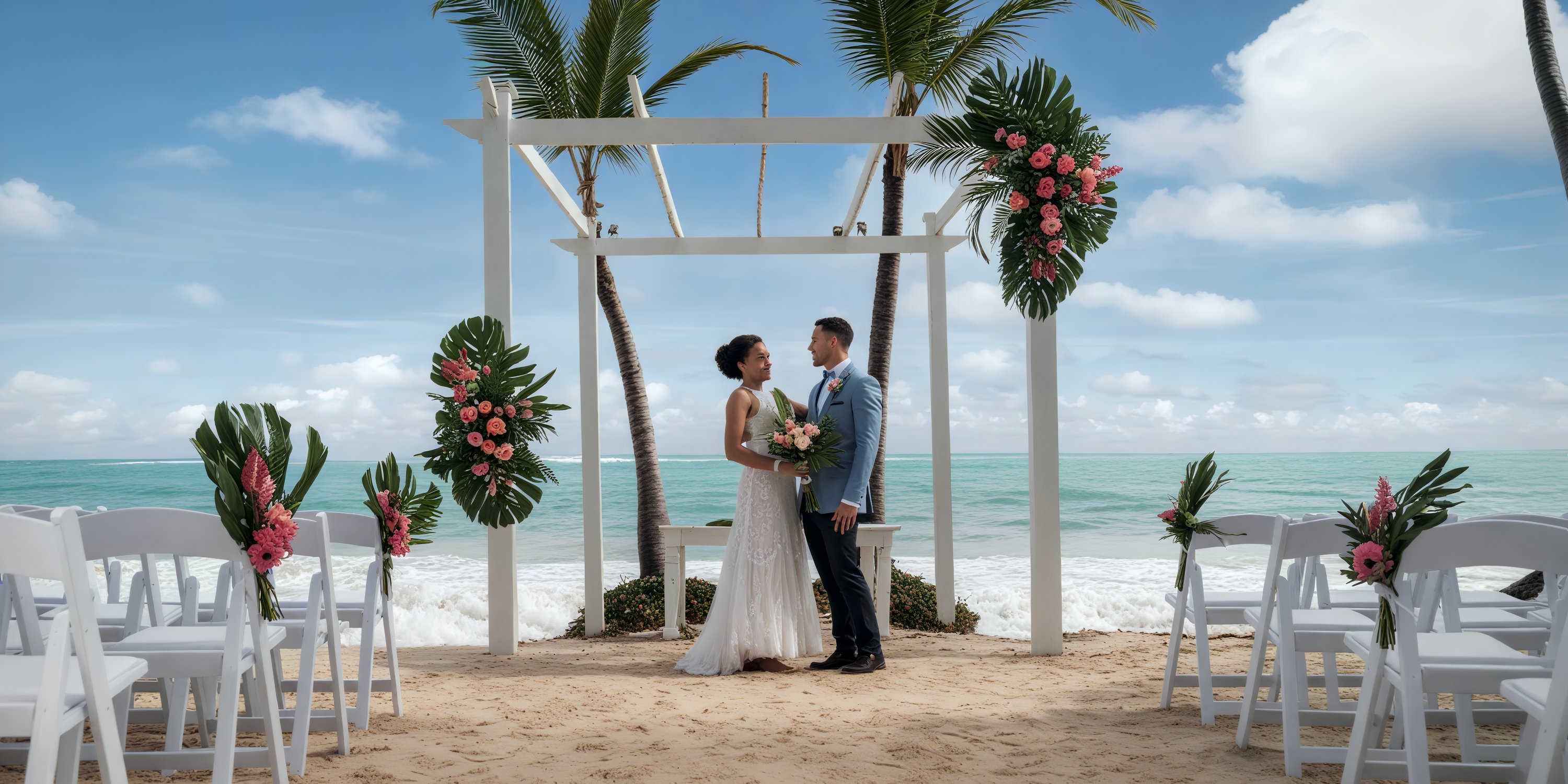 Wedding couple stands beneath a decorated arch on Grand Palladium Bavaro’s palm-lined destination beach.