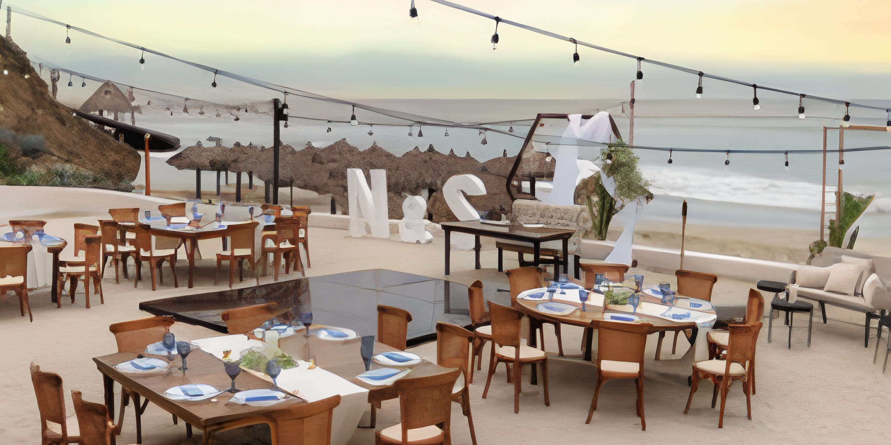 Destination wedding dining setup on the sandy beach with tables, chairs, and ocean views.