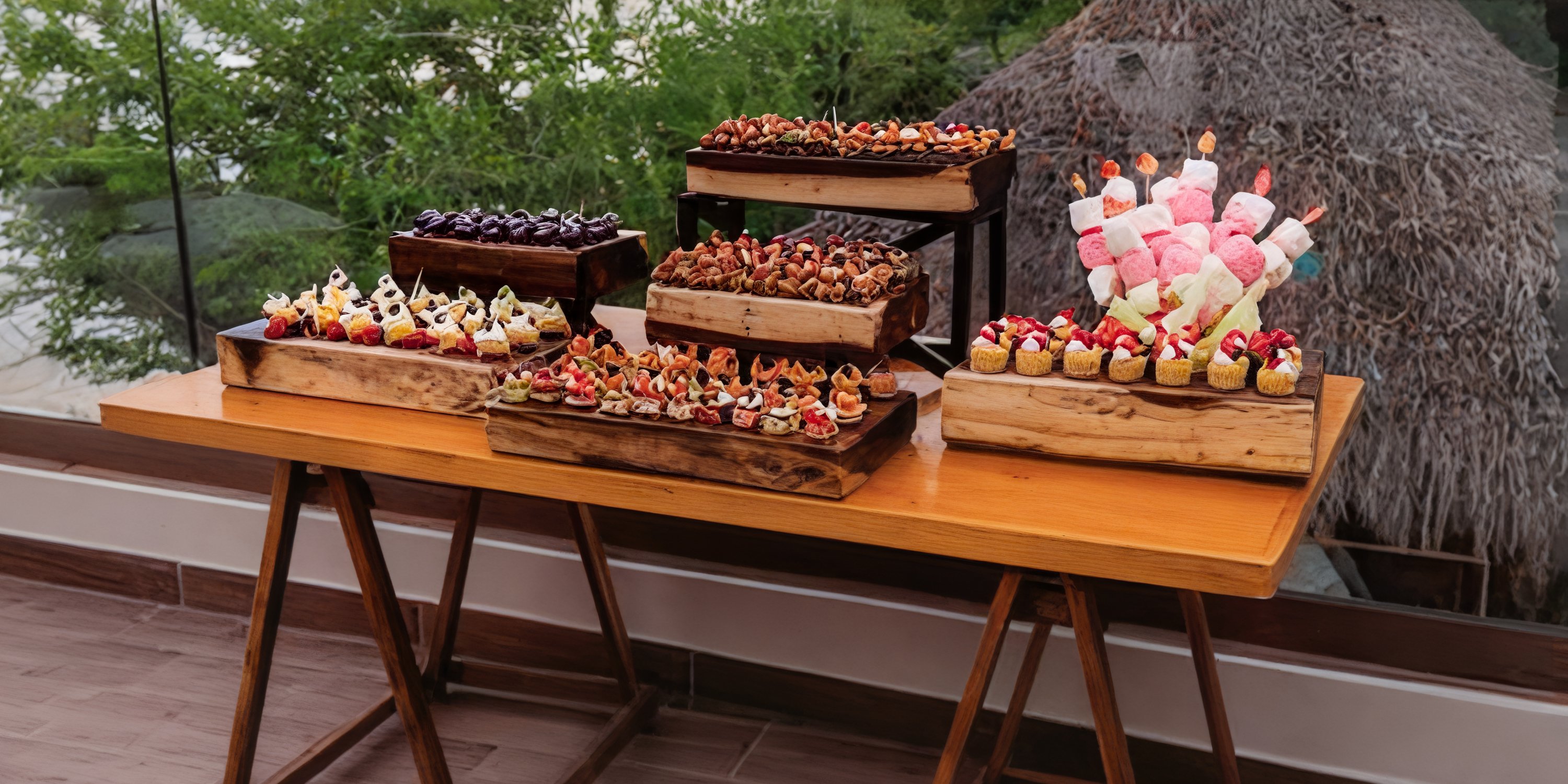 At a destination wedding at Grand Palladium Vallarta, desserts and skewered marshmallows sit on trays.