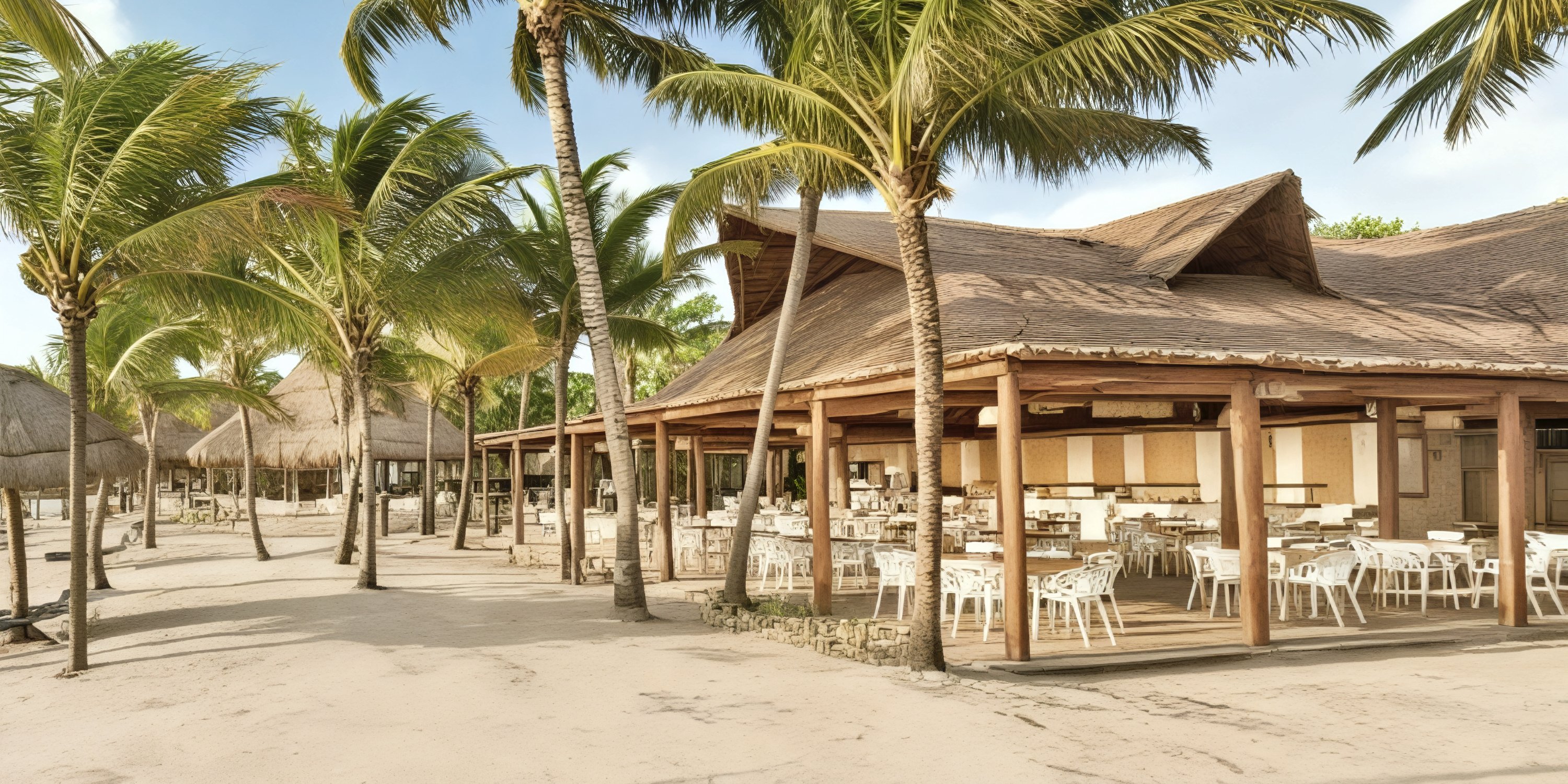 Open-air restaurant at Grand Palladium White Sand, featuring elegant wood décor and white chairs by the beach—a picturesque setting perfect for a destination wedding celebration.