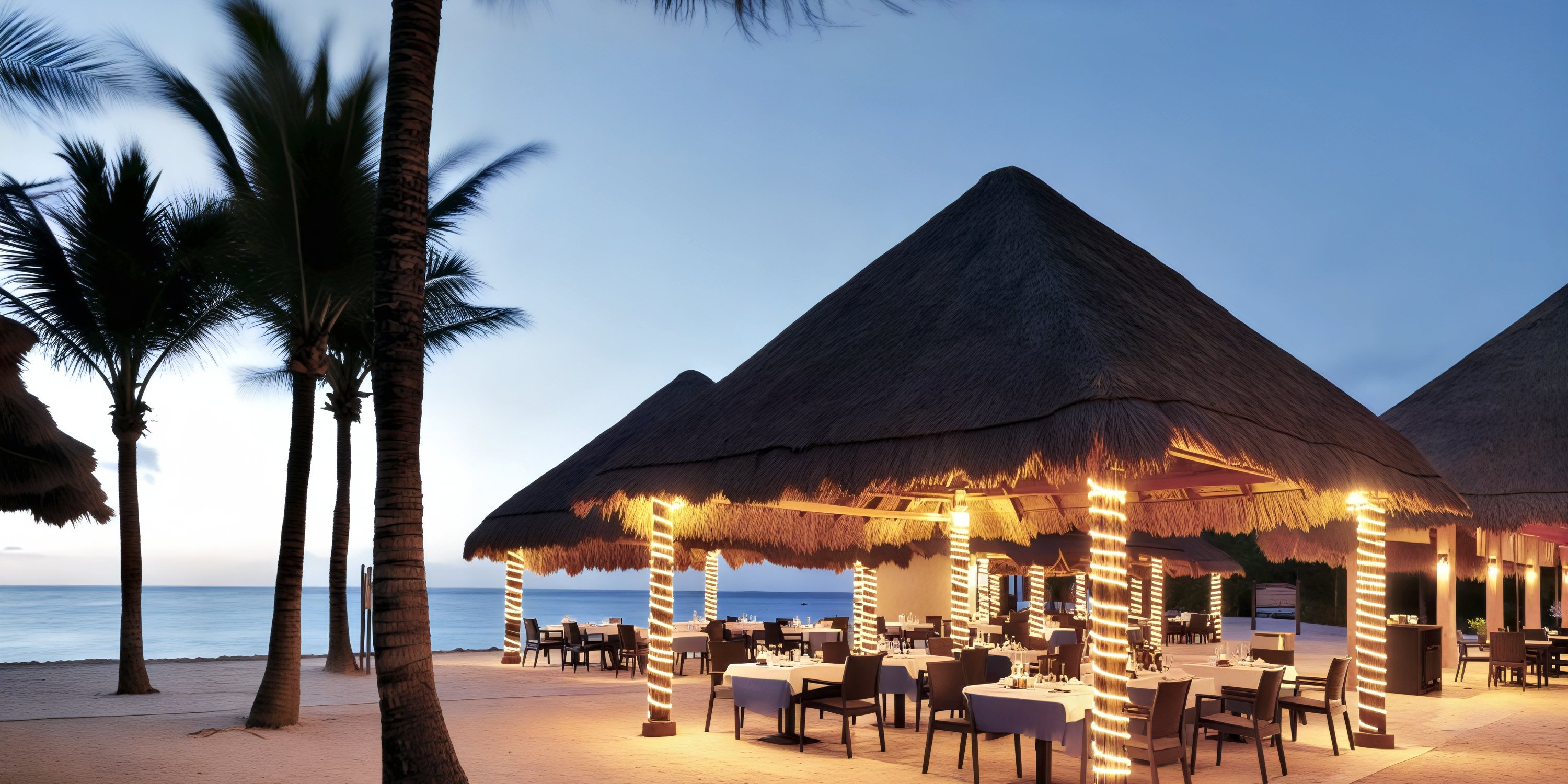 Grand Palladium White Sand: the perfect destination wedding venue, featuring beachside dining beneath a thatched roof, twinkling lights, and swaying palm trees at dusk.