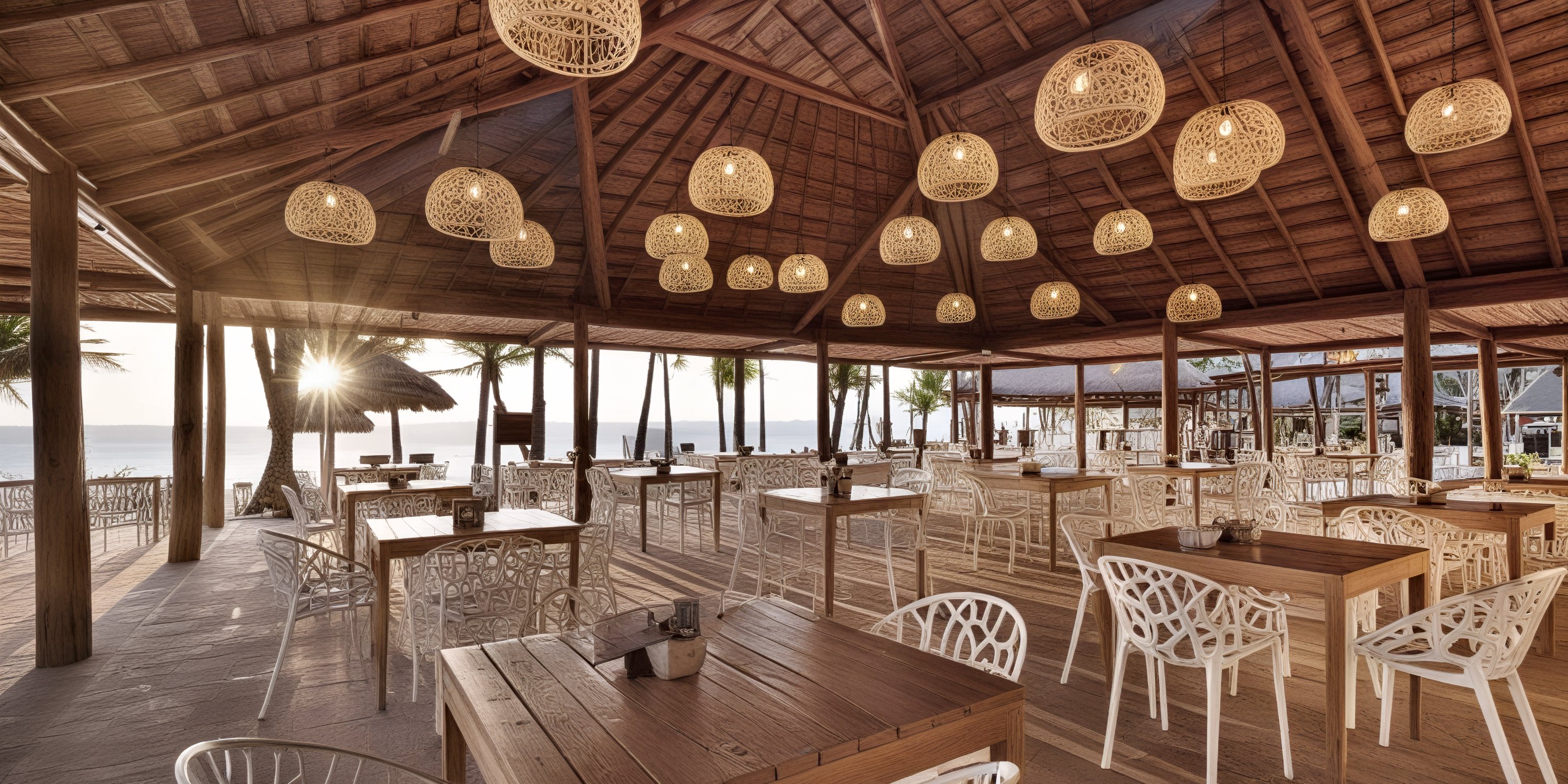 Grand Palladium White Sand offers an elegant open-air beachside restaurant with stylish wooden tables, making it a perfect setting for a destination wedding celebration.