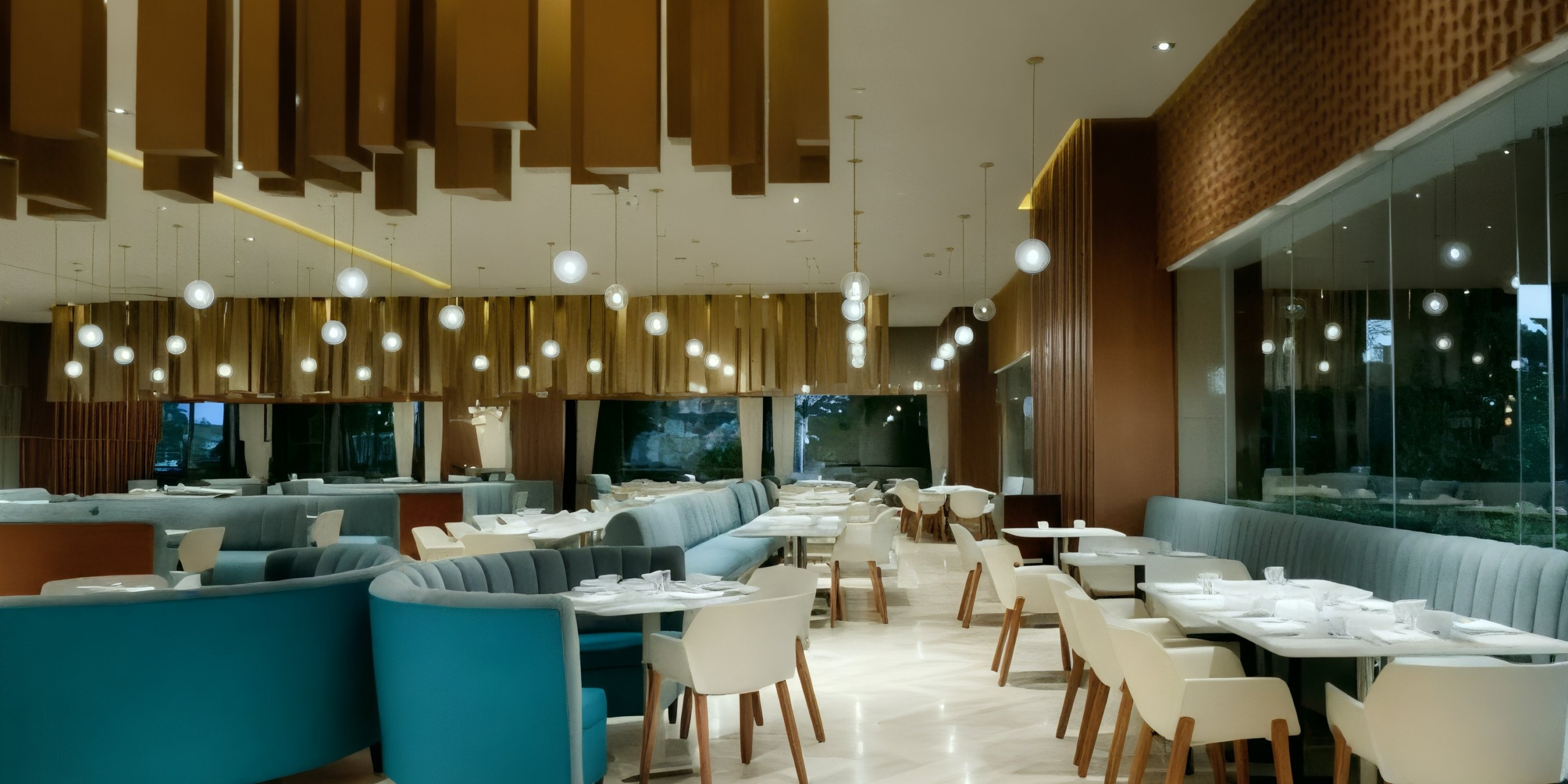 The Grand Palladium Costa Mujeres offers an exquisite dining experience, perfect for destination weddings, featuring blue and beige seating, elegant pendant lights, and large windows that provide a stunning backdrop.
