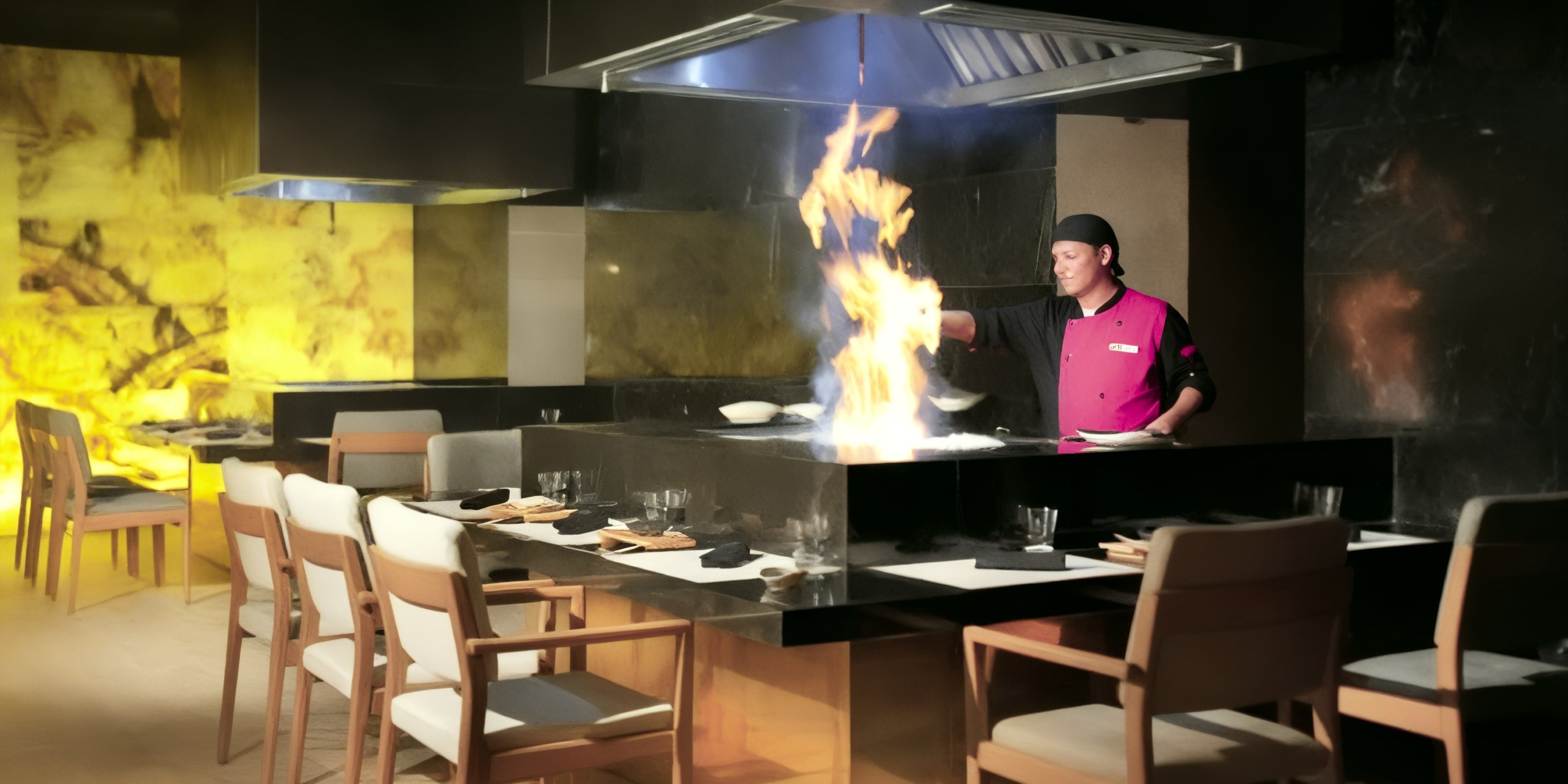 A chef expertly cooking with flames at the counter of the Grand Palladium Costa Mujeres restaurant adds a touch of excitement and flair to your destination wedding experience.