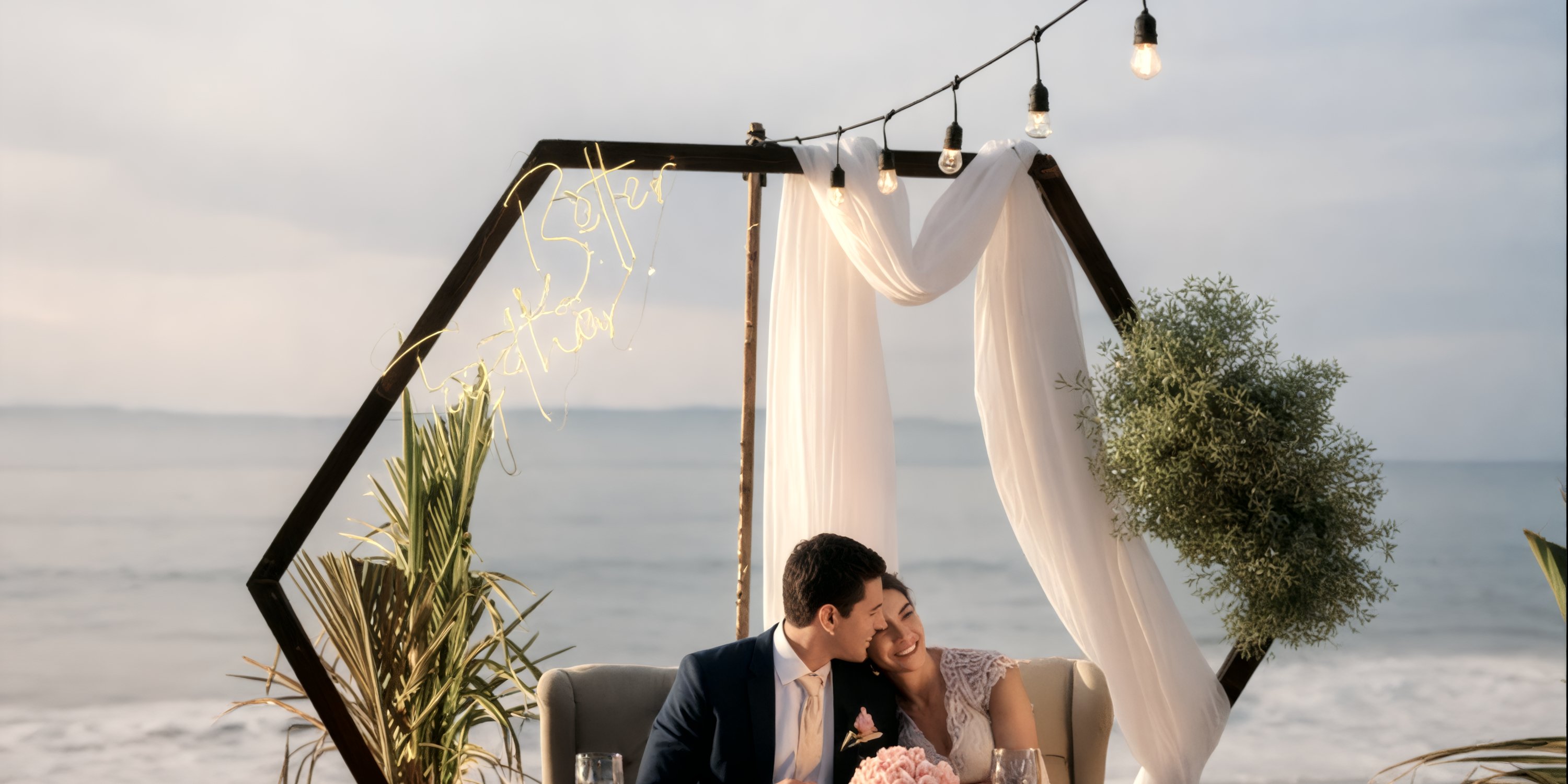 A couple enjoys a romantic dinner by the beach at a decorated table for their destination wedding.
