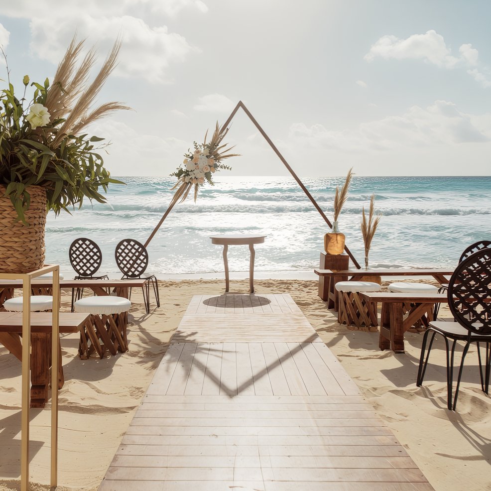 A destination wedding altar features a wooden aisle, chairs, and floral décor right by the ocean.