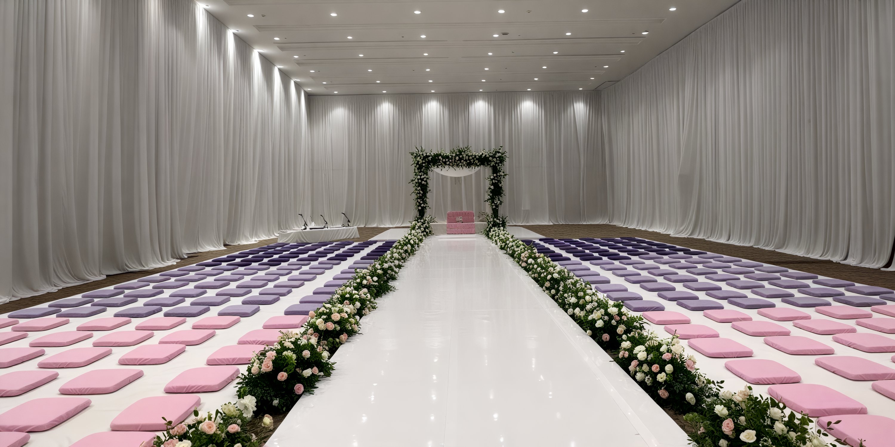 Experience your dream destination wedding at Hard Rock Los Cabos, featuring a spacious hall adorned with pink and purple cushions. Walk down the elegant white aisle towards a stunning floral arch, surrounded by beautifully draped walls that create an enchanting atmosphere for your special day.