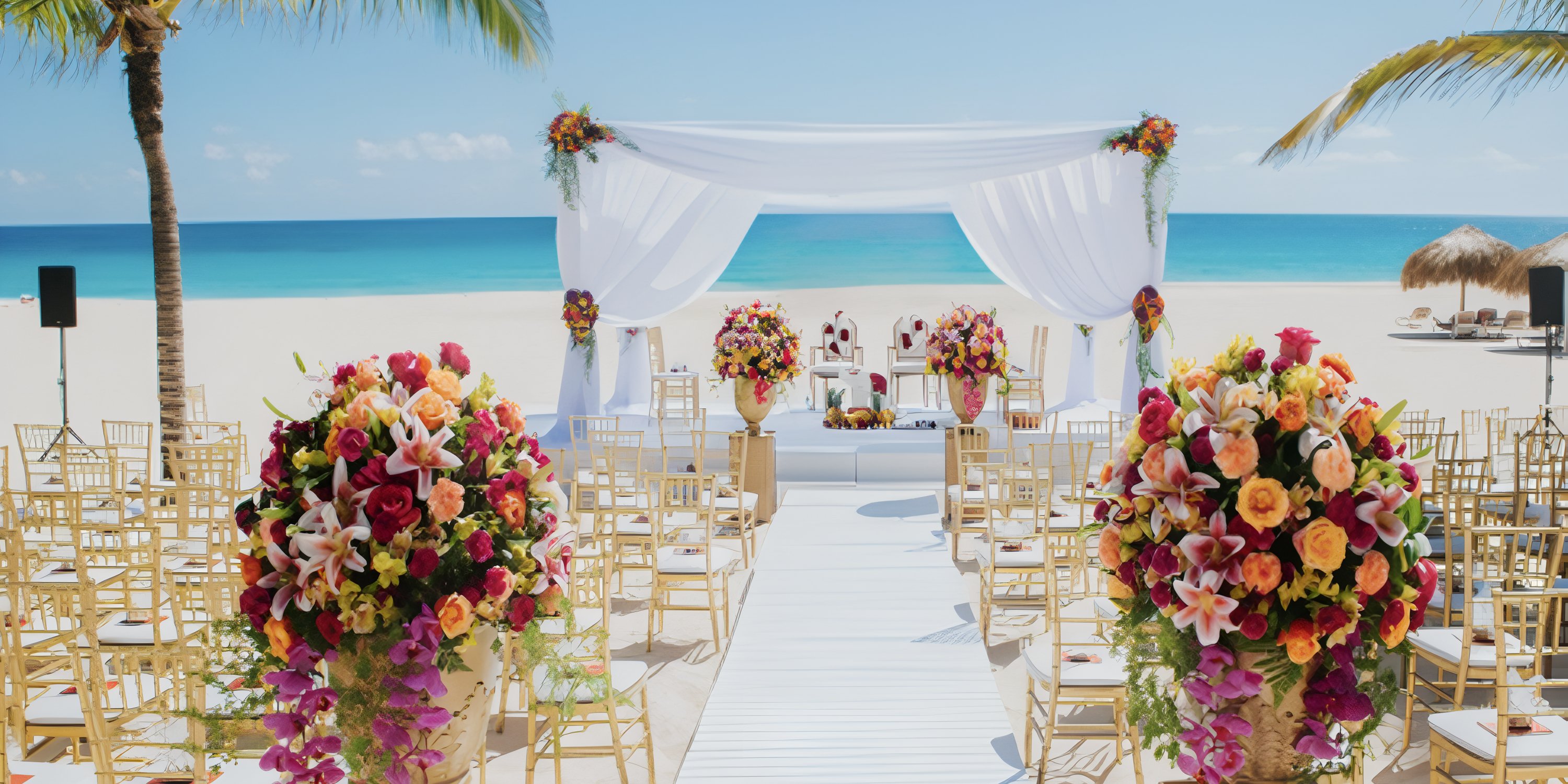 Destination wedding at Hard Rock Punta Cana, featuring floral decor, white chairs, and a flowered arch.