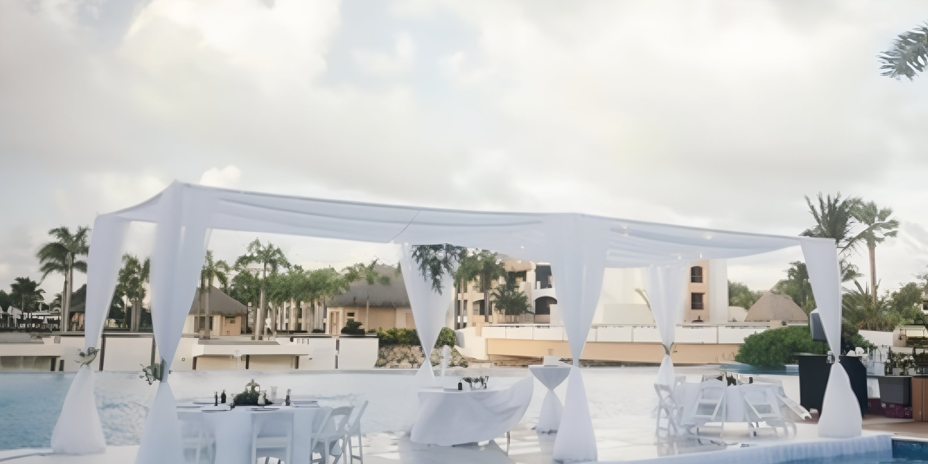 Outdoor poolside dining setup at Hard Rock Punta Cana, perfect for a destination wedding, with white canopy.