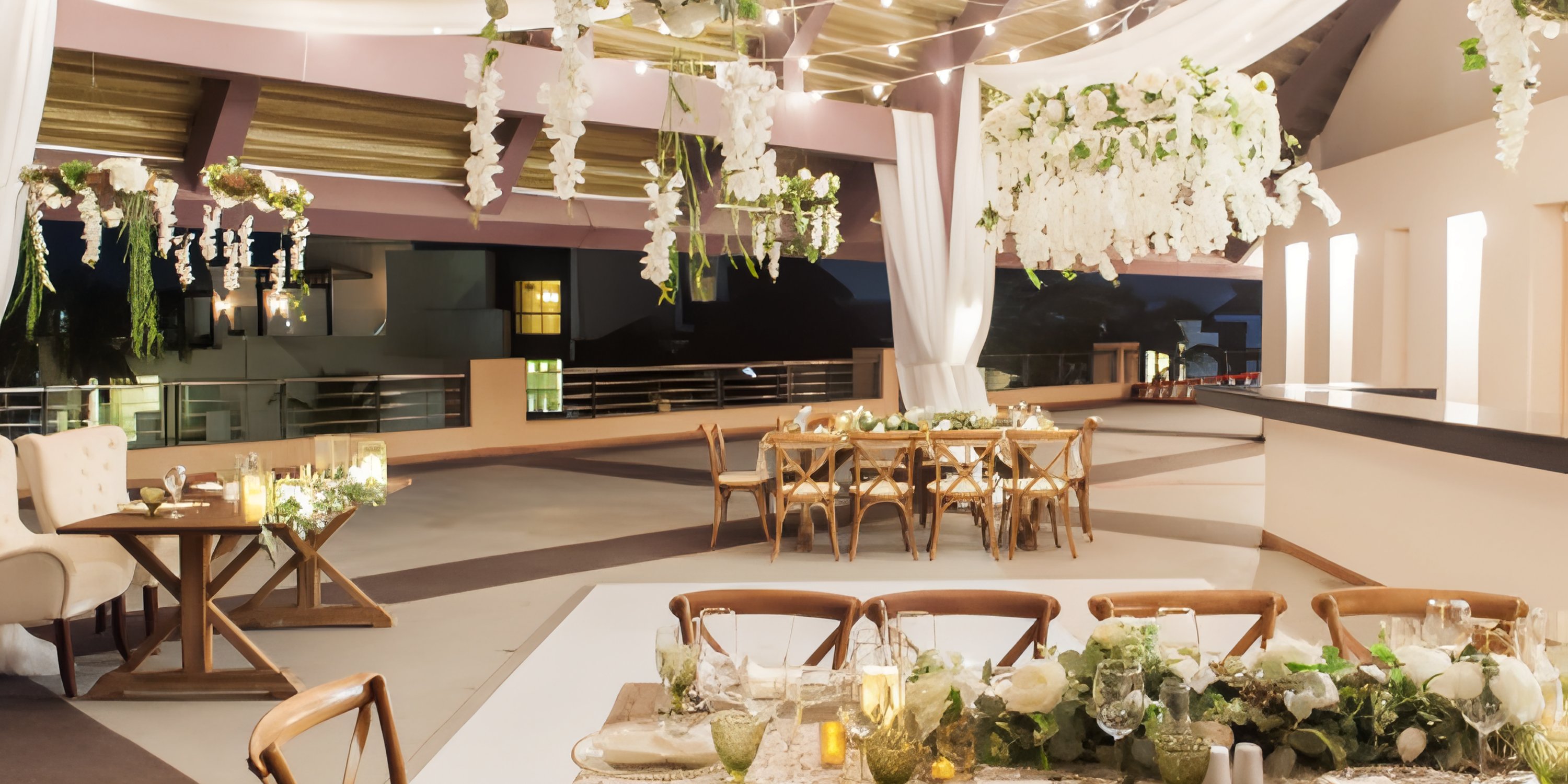 Elegant open-air wedding space at Hard Rock Punta Cana with draped ceilings, flowers, and dining tables.