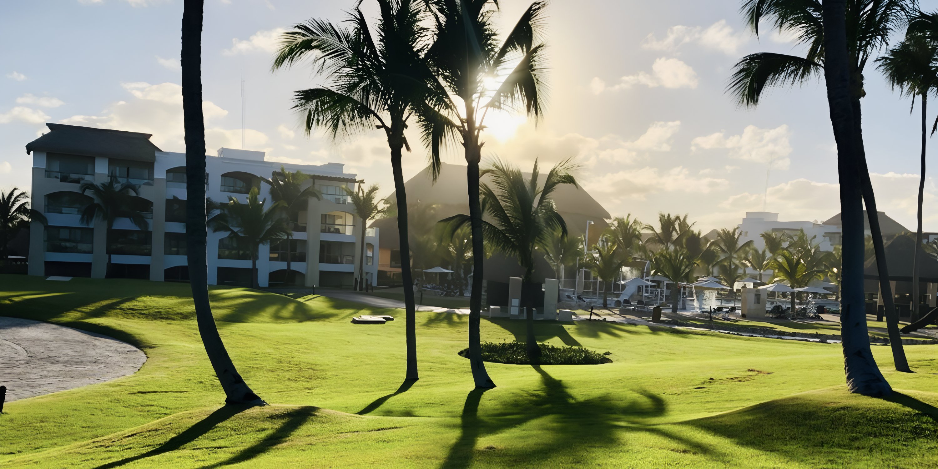 Palm trees cast sunset shadows on the lawn at Hard Rock Punta Cana, a popular destination wedding spot.