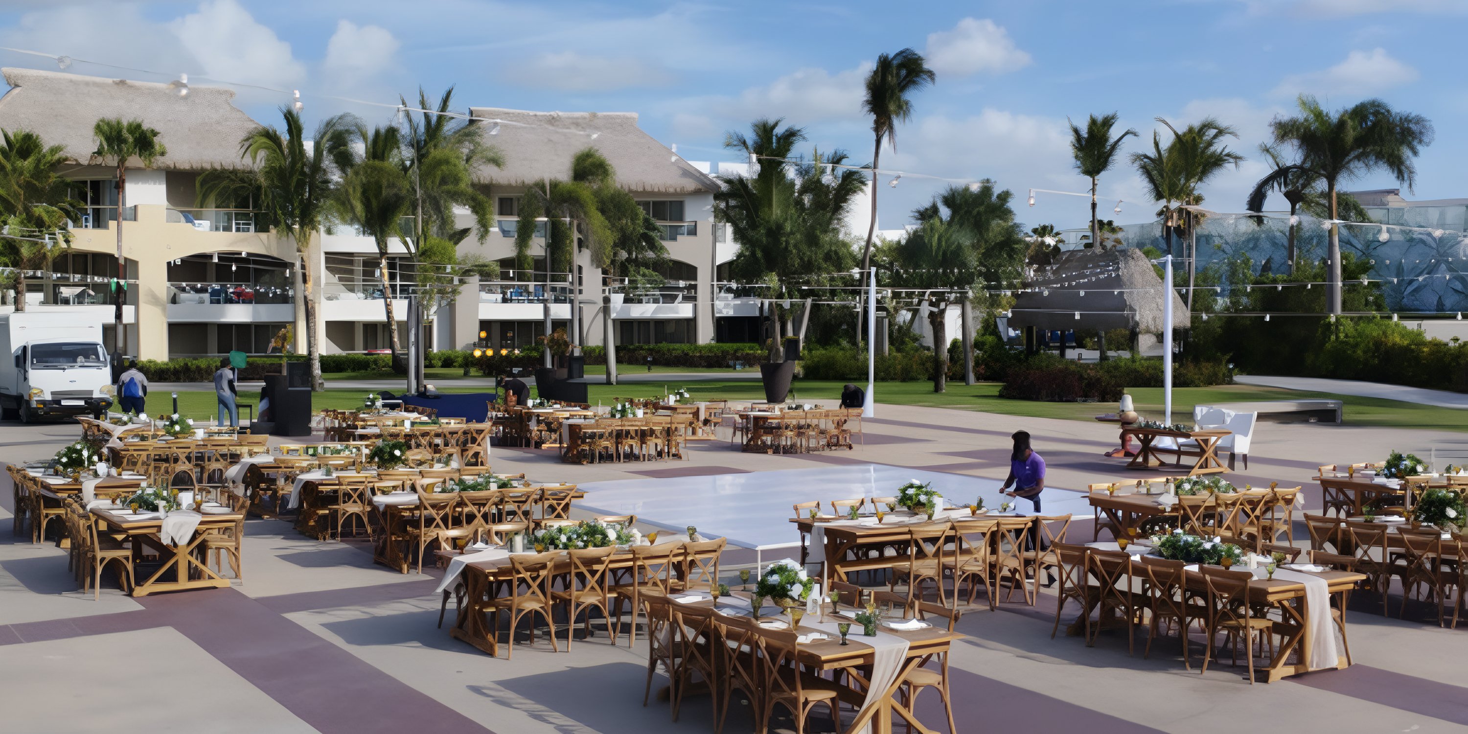 Destination wedding setup at Hard Rock Punta Cana featuring wooden tables and floral centerpieces outdoors.