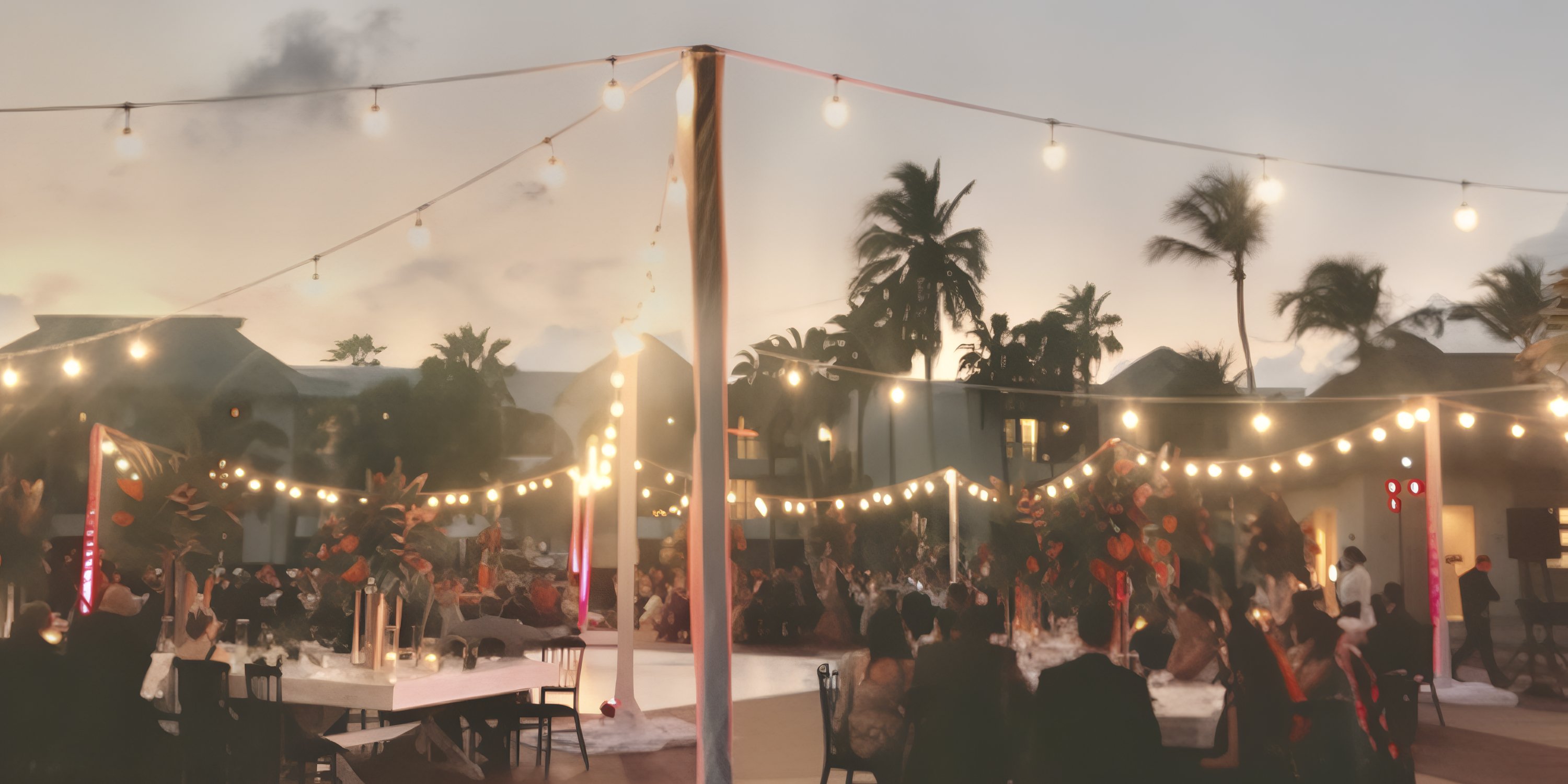 Destination wedding evening at Hard Rock Punta Cana, with string lights, tables, and guests under palms.